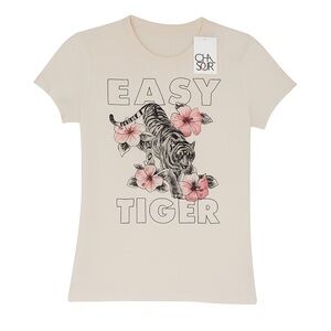 Chaser Beige Tee with Tiger and Pink Flowers